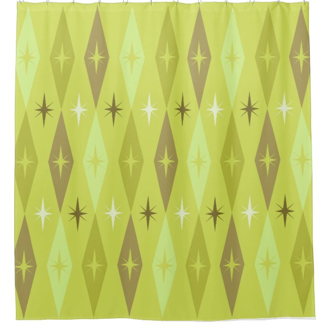 Atomic 1950’s Diamonds Stars Chartreuse Shower Curtain (Front)