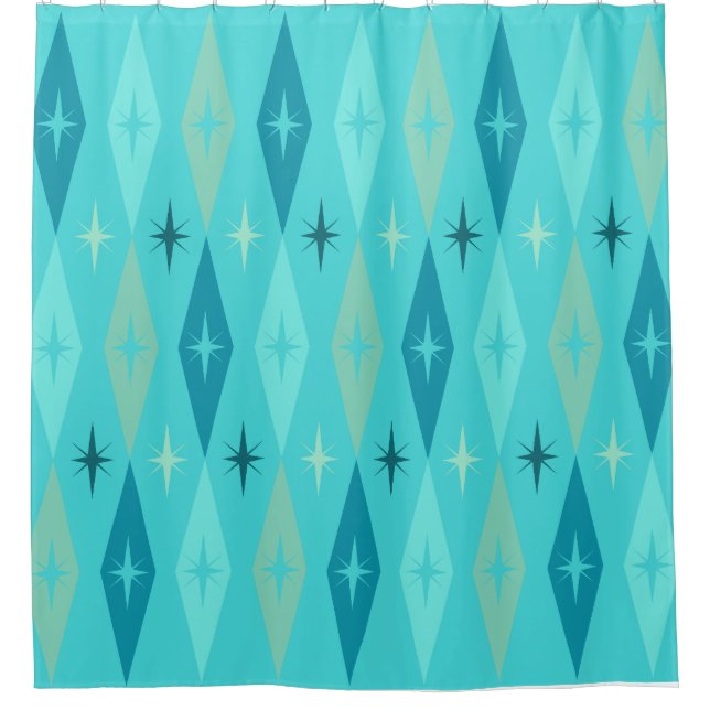Atomic 1950’s Diamonds Stars Turquoise Shower Curtain (Front)