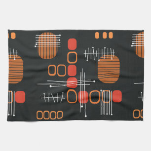 Atomic Abstract Barkcloth Black Burnt Orange Tea Towel