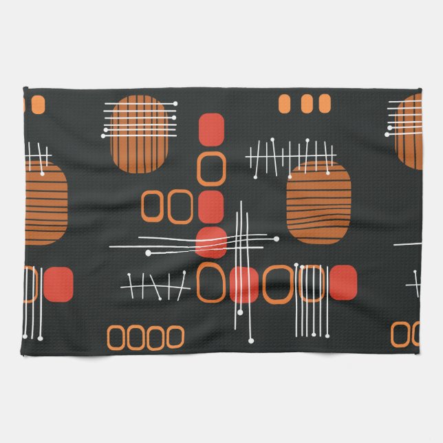 Atomic Abstract Barkcloth Black Burnt Orange Tea Towel (Horizontal)