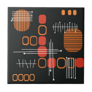 Atomic Abstract Barkcloth Black Burnt Orange Tile