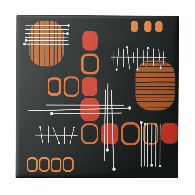 Atomic Abstract Barkcloth Black Burnt Orange Tile (Front)