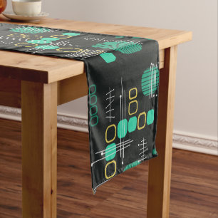 Atomic Abstract Barkcloth Black Turquoise Short Table Runner