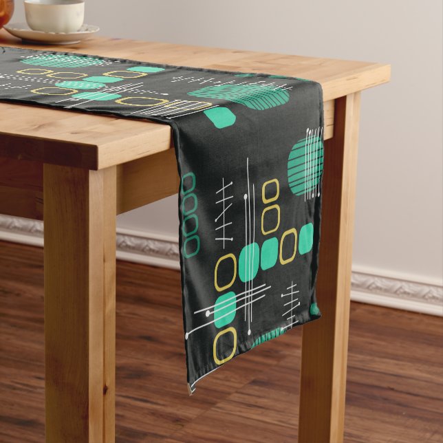 Atomic Abstract Barkcloth Black Turquoise Short Table Runner (In Situ)
