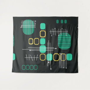 Atomic Abstract Barkcloth Black Turquoise Tapestry