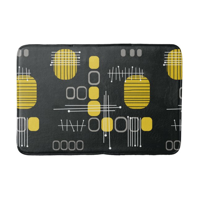 Atomic Abstract Barkcloth Black Yellow Bath Mat (Front)