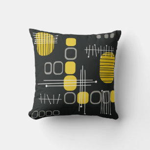 Atomic Abstract Barkcloth Black Yellow Cushion