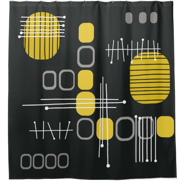 Atomic Abstract Barkcloth Black Yellow Shower Curtain (Front)