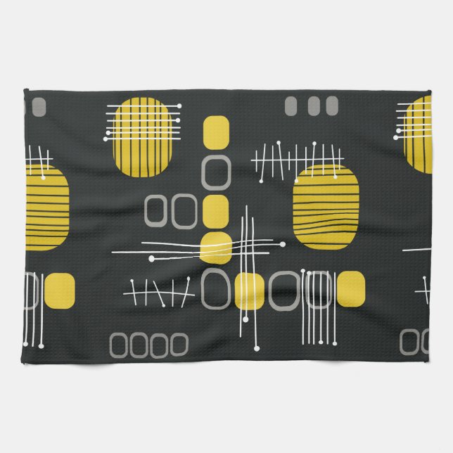 Atomic Abstract Barkcloth Black Yellow Tea Towel (Horizontal)