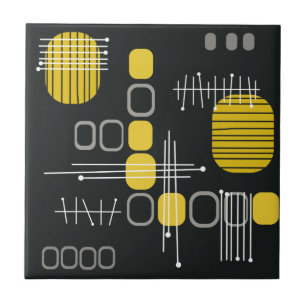 Atomic Abstract Barkcloth Black Yellow Tile