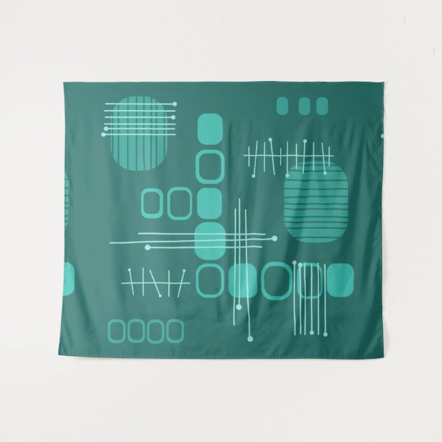 Atomic Abstract Barkcloth Teal Tapestry (Front (Horizontal))