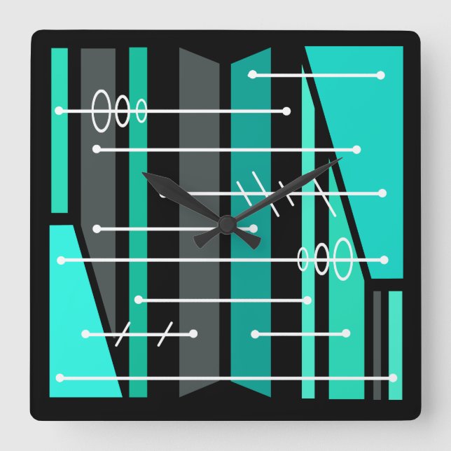 Atomic Abstract Geometric Art Black Turquoise Square Wall Clock (Front)