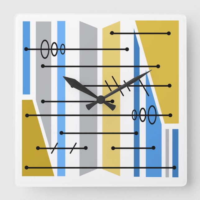 Atomic Abstract Geometric Art Blue Gold Square Wall Clock (Front)