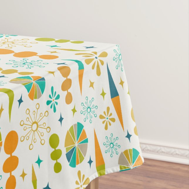Atomic Age Abstract Shapes Starburst Mid Century Tablecloth (In Situ)