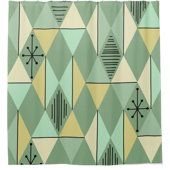 Atomic Age Art Diamonds Mint Green Yellow Shower Curtain (Front)