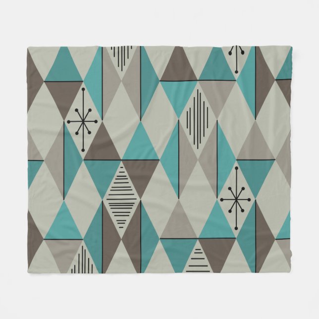 Atomic Age Art Diamonds Turquoise Grey Fleece Blanket (Front (Horizontal))