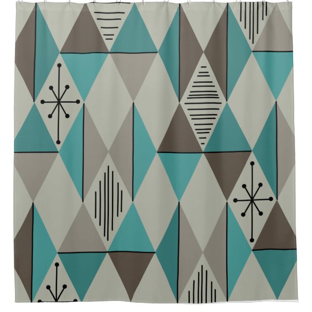 Atomic Age Art Diamonds Turquoise Grey Shower Curtain (Front)
