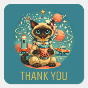 Atomic Age Boba Siamese Astronaut Cat Thank You Square Sticker