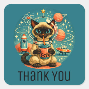 Atomic Age Boba Siamese Astronaut Cat Thank You Square Sticker