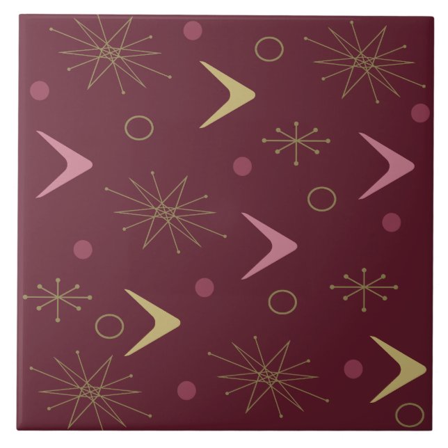 Atomic Age Boomerangs Starbursts Dark Red Gold Tile (Front)