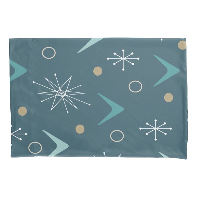 Atomic Age Boomerangs Starbursts Teal Gold Pillowcase (Front)