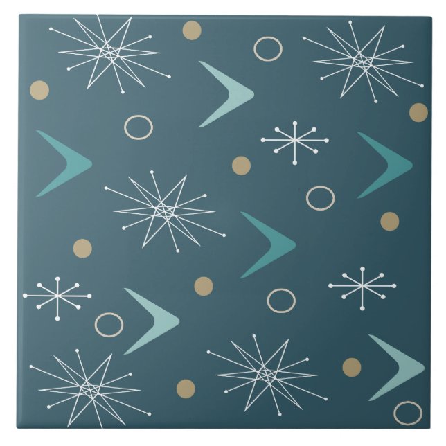 Atomic Age Boomerangs Starbursts Teal Gold Tile (Front)