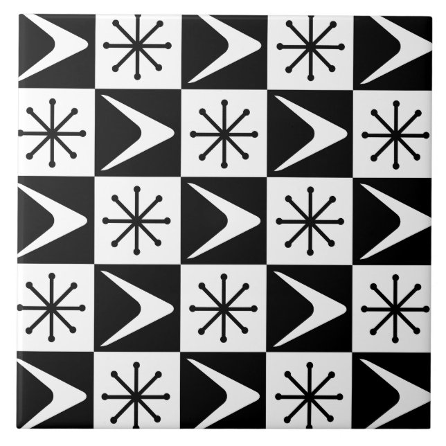 Atomic Age Chequered Boomerangs Black White Tile (Front)
