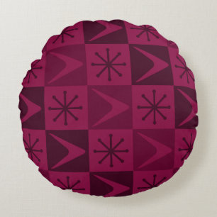 Atomic Age Chequered Boomerangs Burgundy Round Cushion
