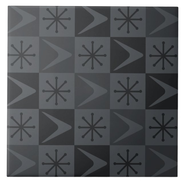 Atomic Age Chequered Boomerangs Grey Tile (Front)
