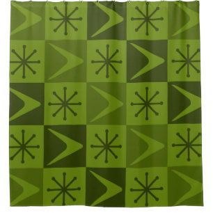Atomic Age Chequered Boomerangs Olive Shower Curtain