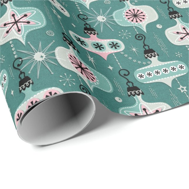 Atomic Age Christmas Ornaments Teal ©studioxtine Wrapping Paper (Roll Corner)