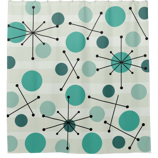 Atomic Age Dots And Starbursts Aquamarine Shower Curtain (Front)