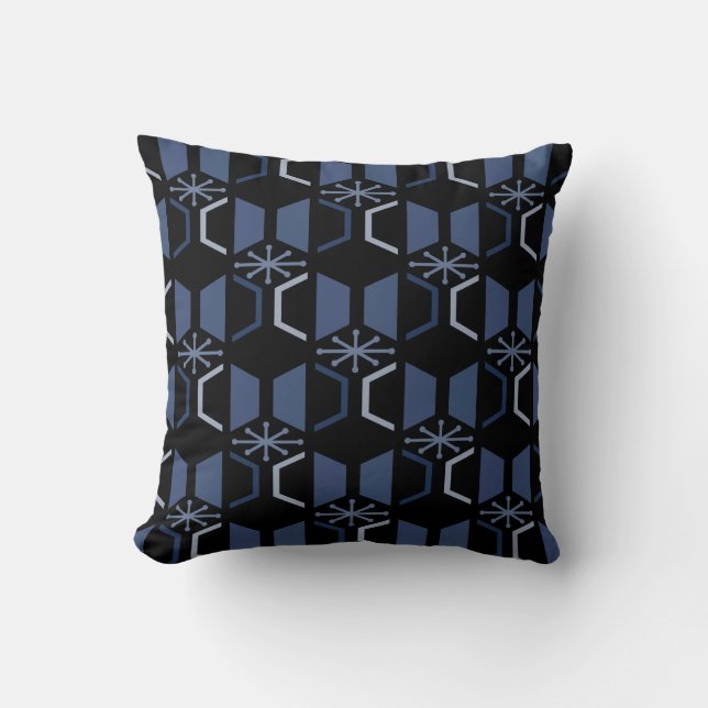 Atomic Age Hexagons Black Blue Cushion (Front)