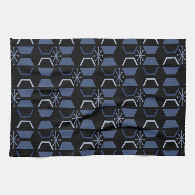 Atomic Age Hexagons Black Blue Tea Towel (Horizontal)