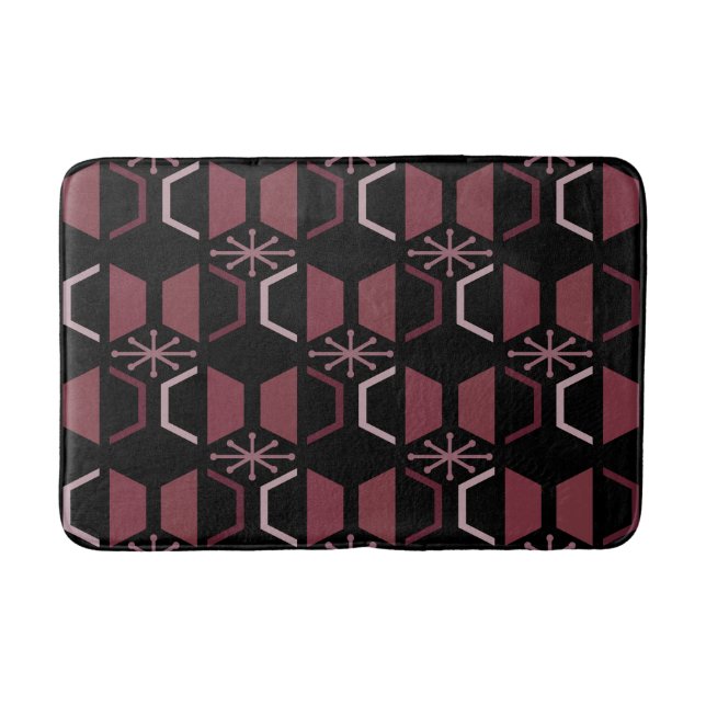 Atomic Age Hexagons Black Burgundy Bath Mat (Front)