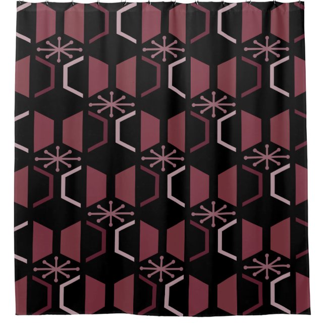 Atomic Age Hexagons Black Burgundy Shower Curtain (Front)