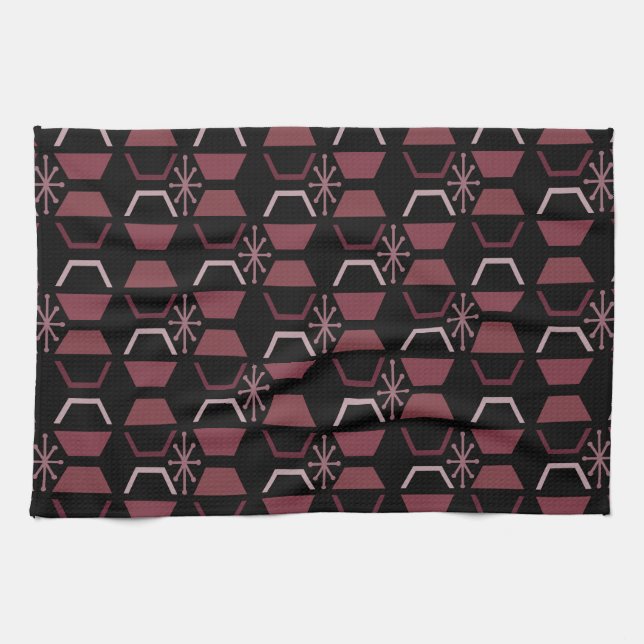 Atomic Age Hexagons Black Burgundy Tea Towel (Horizontal)