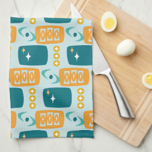 Atomic Age MCM Pattern in Aqua, Orange, Teal Tea Towel