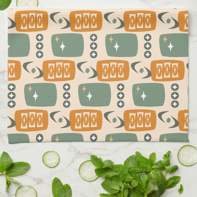 Atomic Age MCM Pattern in Green, Orange, Cream Tea Towel (Folded)