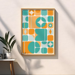 Atomic Age Mid Century Abstract Teal, Aqua, Orange Poster