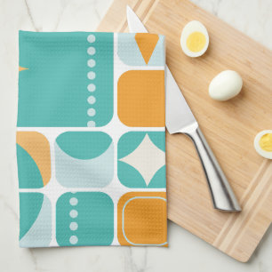 Atomic Age Mid Century Abstract Teal, Aqua, Orange Tea Towel