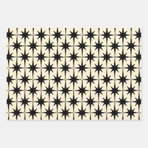 Atomic Age Mid Century Starbursts Black & Cream Wrapping Paper Sheet