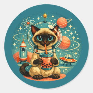 Atomic Age Outer Space Boba Siamese Astronaut Cat Classic Round Sticker