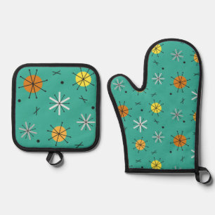 Atomic Age Planets Starbursts Turquoise Oven Mitt & Pot Holder Set