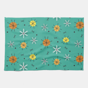 Atomic Age Planets Starbursts Turquoise Tea Towel