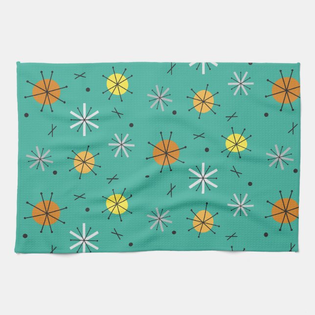 Atomic Age Planets Starbursts Turquoise Tea Towel (Horizontal)