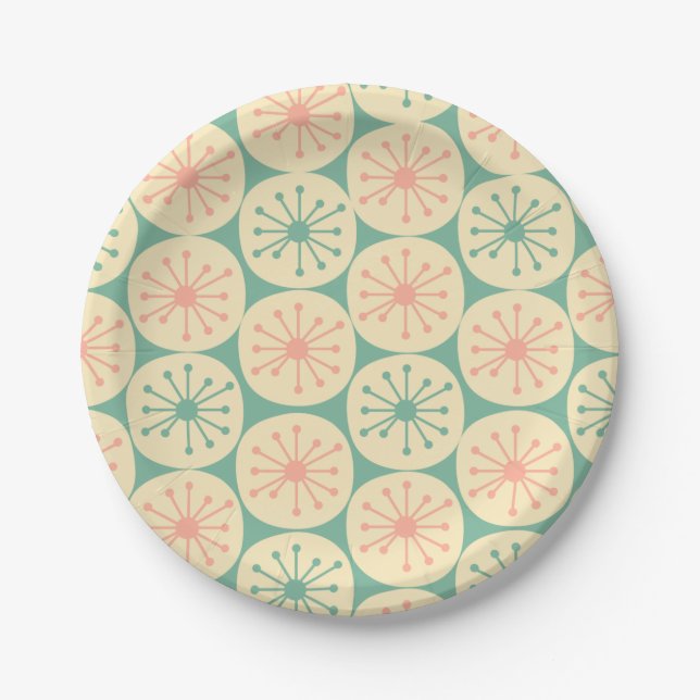 Atomic Age Retro Dot Pattern Teal Blush Cream Paper Plate (Front)