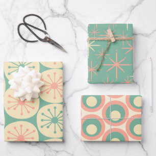Atomic Age Retro Patterns Blush Pink and Teal Wrapping Paper Sheet