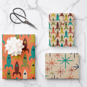 Atomic Age Retro Rockets and Mid Mod Starbursts Wrapping Paper Sheet