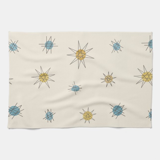 Atomic Age Sputnik Starburst Planets Tea Towel (Horizontal)